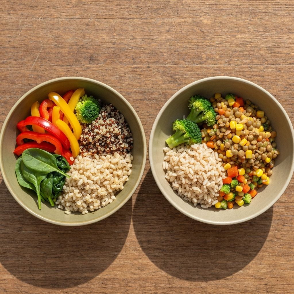 Different portion sizes of mixed vegetables and grains